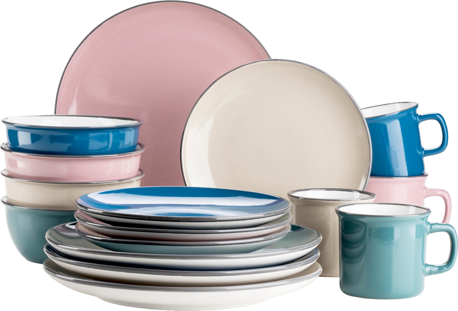 Mäser Kombiservice 16-tlg. MAILA Buntes Emaille-Geschirrset mit Tellern, Schalen und Tassen in Pastellfarben (Blau, Rosa, Creme) vor weißem Hintergrund, Produktansicht leicht frontal/seitlich.