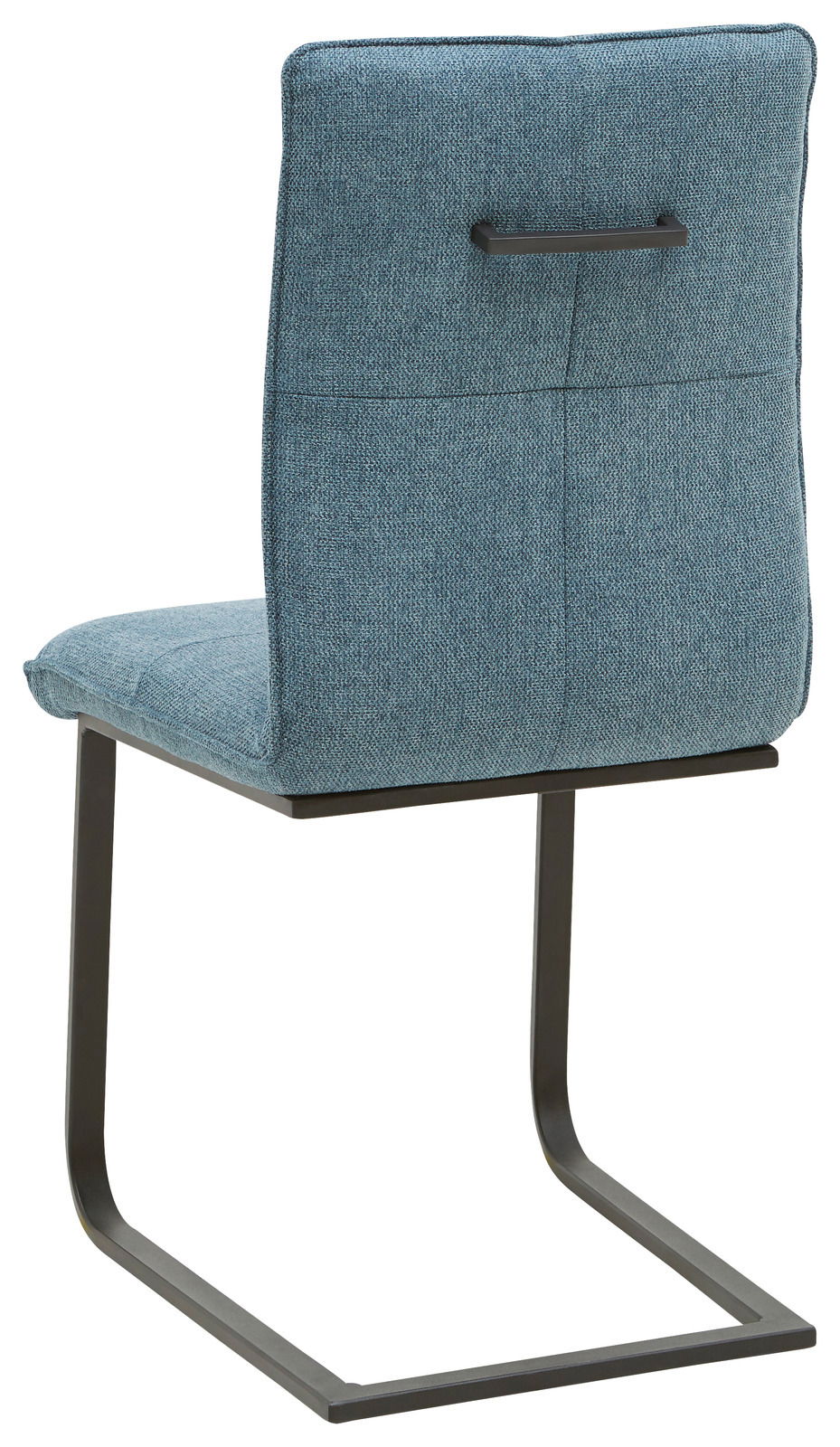 Rückansicht eines Freischwinger-Stuhls mit blauem Stoffbezug und schwarzem Metallgestell.