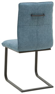 Rückansicht eines Freischwinger-Stuhls mit blauem Stoffbezug und schwarzem Metallgestell.