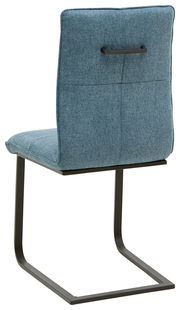 Rückansicht eines Freischwinger-Stuhls mit blauem Stoffbezug und schwarzem Metallgestell.