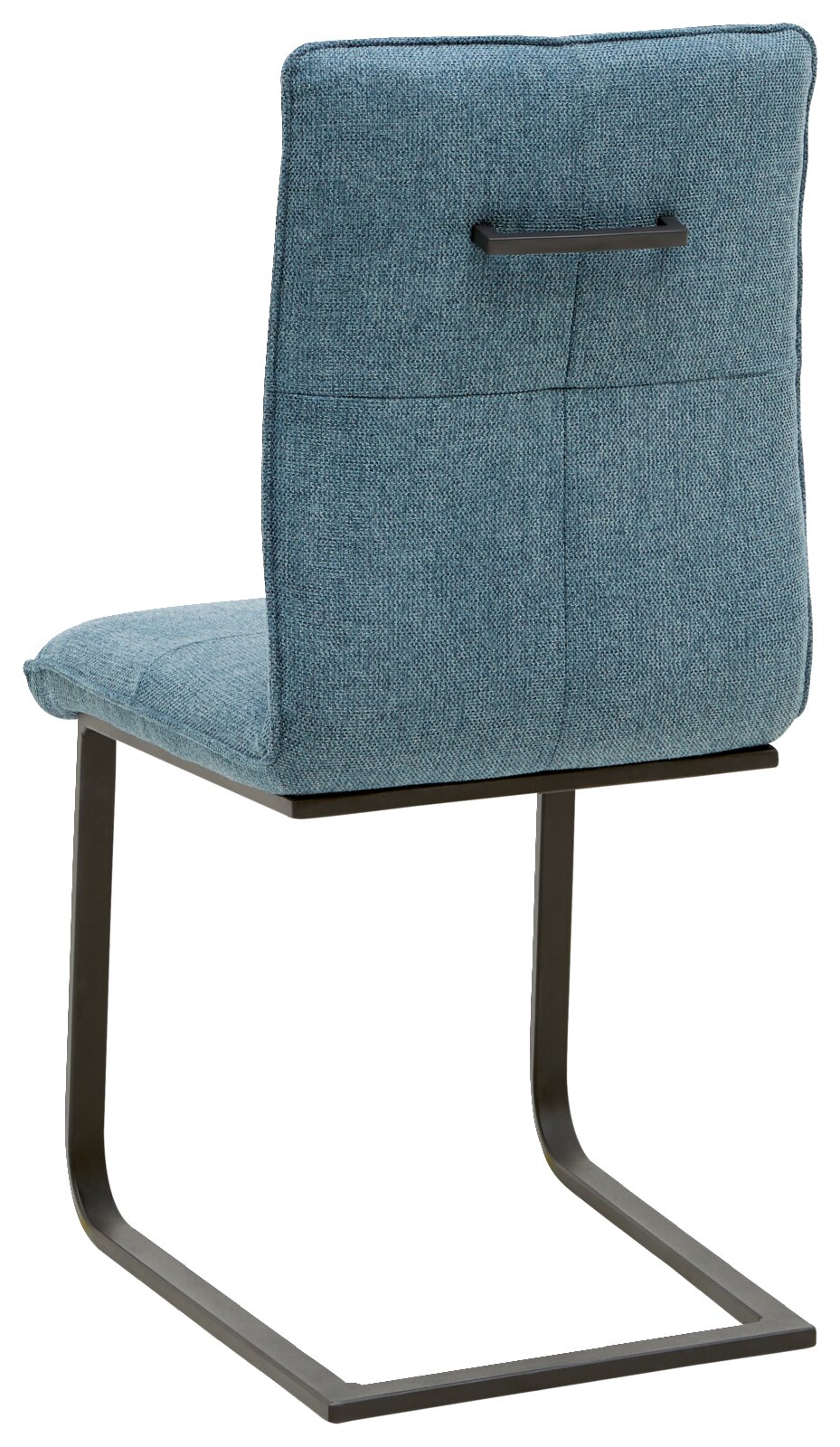 Achterkant van een sledestoel met blauwe stoffen bekleding en een zwart metalen frame.
