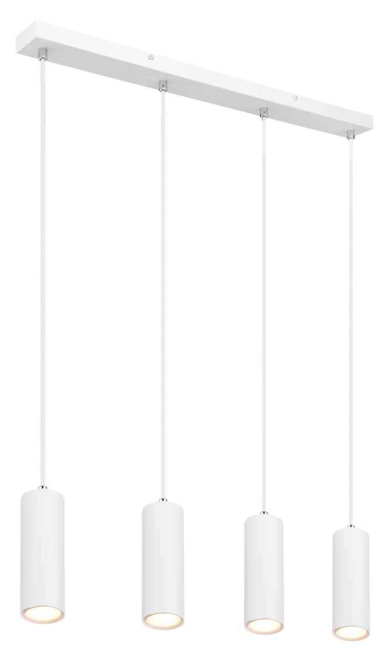 Globo Lighting Hängeleuchte ROBBY Moderne weiße Hängeleuchte mit vier zylindrischen Lampenschirmen, seitliche Perspektive