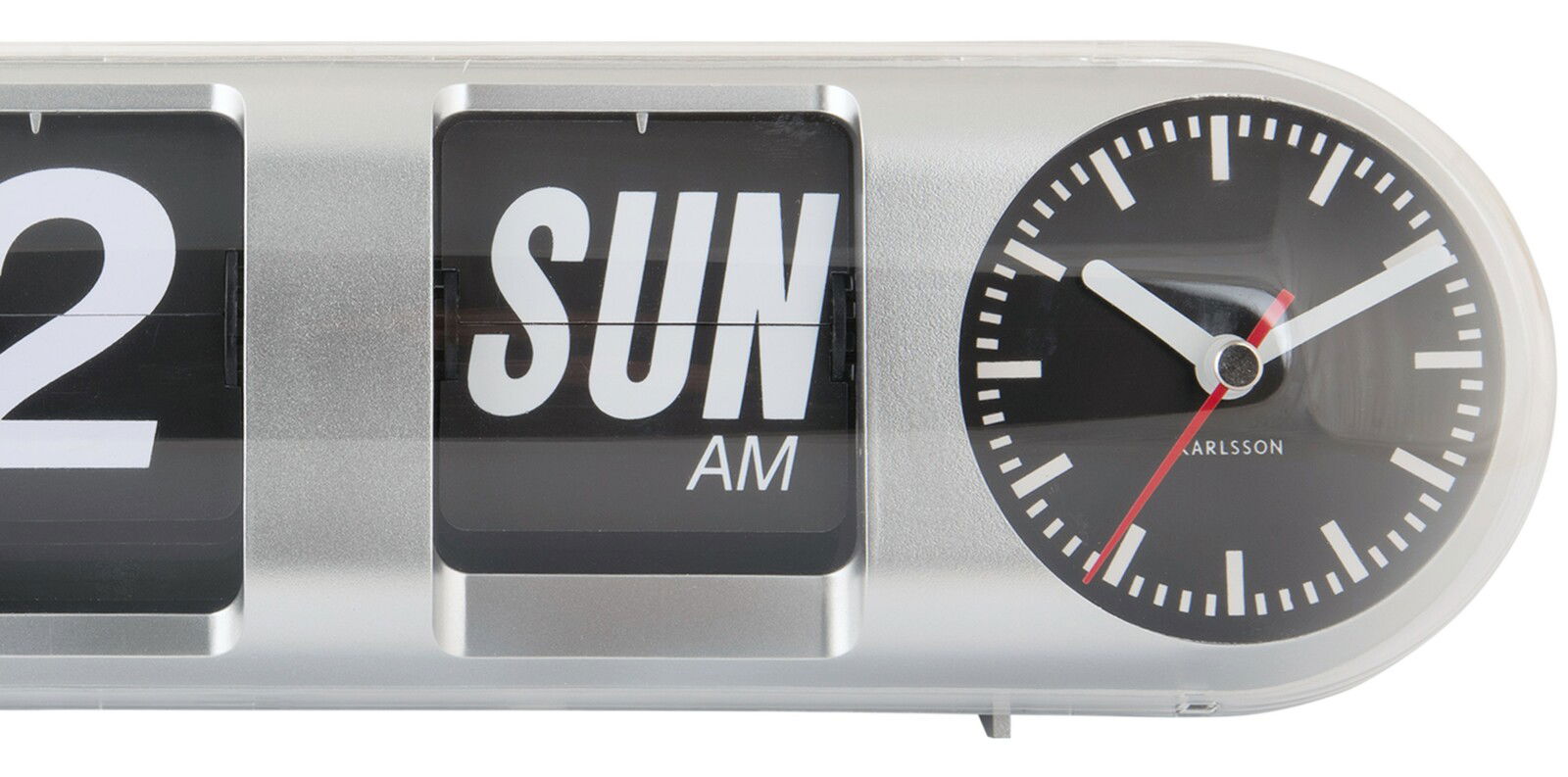 Silberne Tischuhr mit analogem Zifferblatt und digitaler Datumsanzeige, Vorderansicht