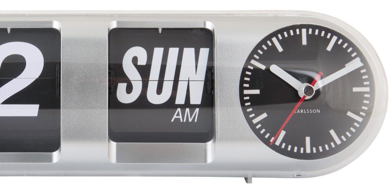 Silberne Tischuhr mit analogem Zifferblatt und digitaler Datumsanzeige, Vorderansicht