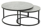 Zweier-Set Couchtische mit runden, grauen Tischplatten und schwarzen Metallrahmen, seitliche Perspektive