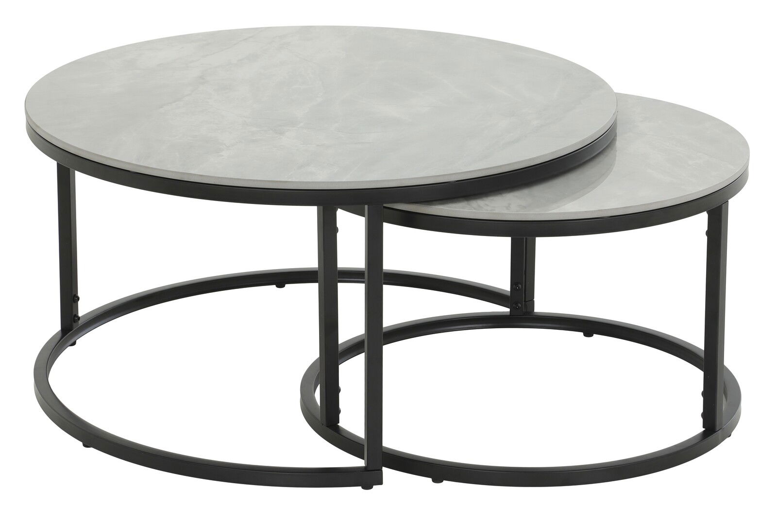 Zweier-Set Couchtische mit runden, grauen Tischplatten und schwarzen Metallrahmen, seitliche Perspektive