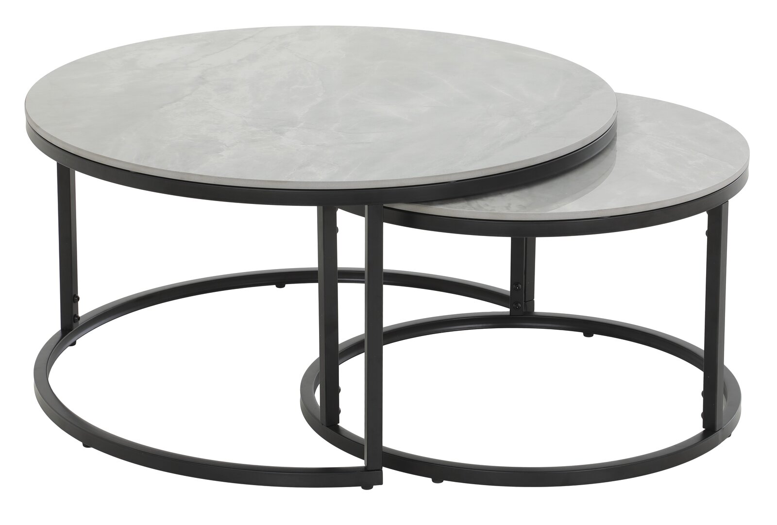 Zweier-Set Couchtische mit runden, grauen Tischplatten und schwarzen Metallrahmen, seitliche Perspektive