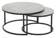Zweier-Set Couchtische mit runden, grauen Tischplatten und schwarzen Metallrahmen, seitliche Perspektive