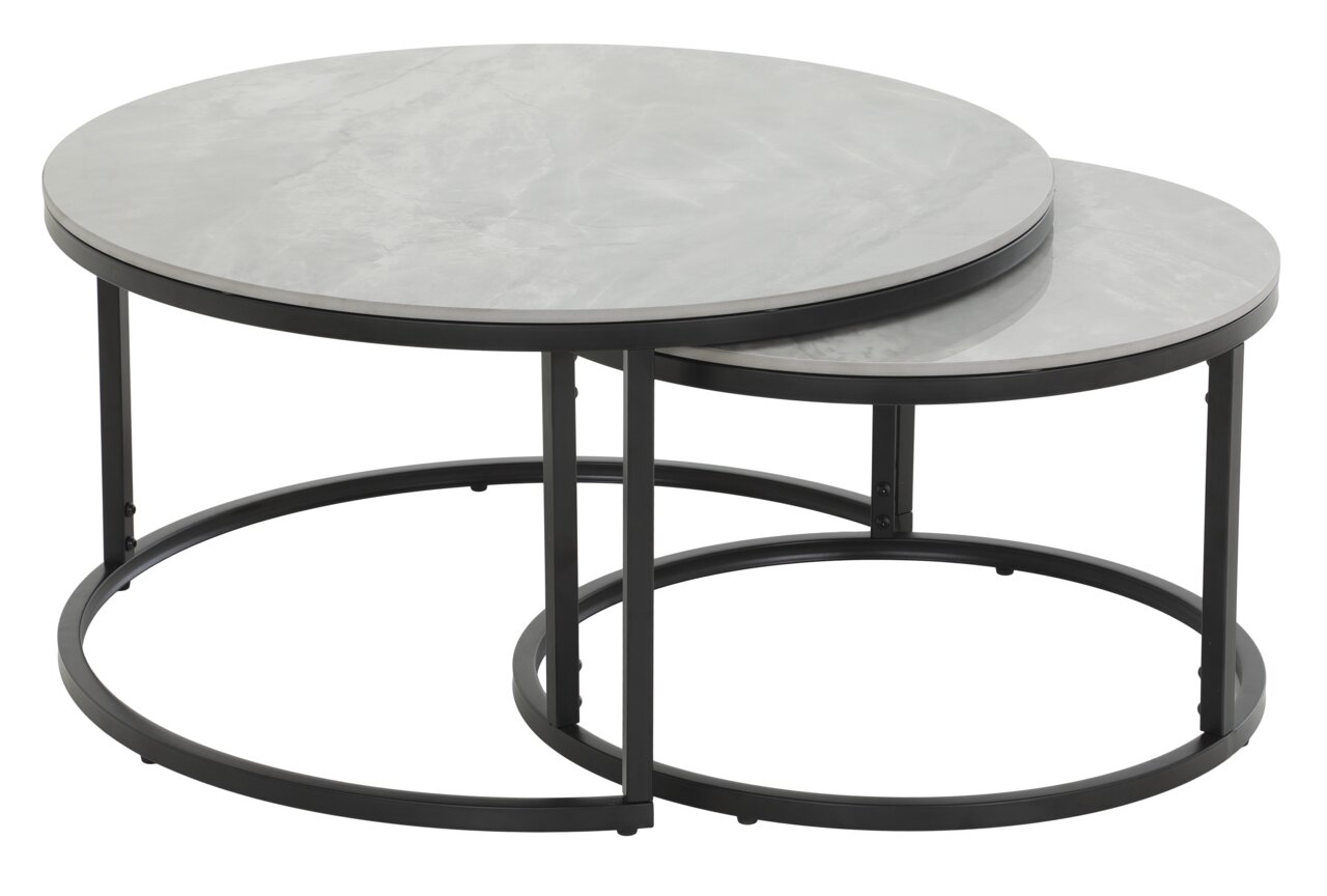 Zweier-Set Couchtische mit runden, grauen Tischplatten und schwarzen Metallrahmen, seitliche Perspektive