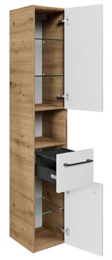 Hochschrank aus Holz mit zwei weißen Türen und einer Schublade, Perspektive von vorne rechts