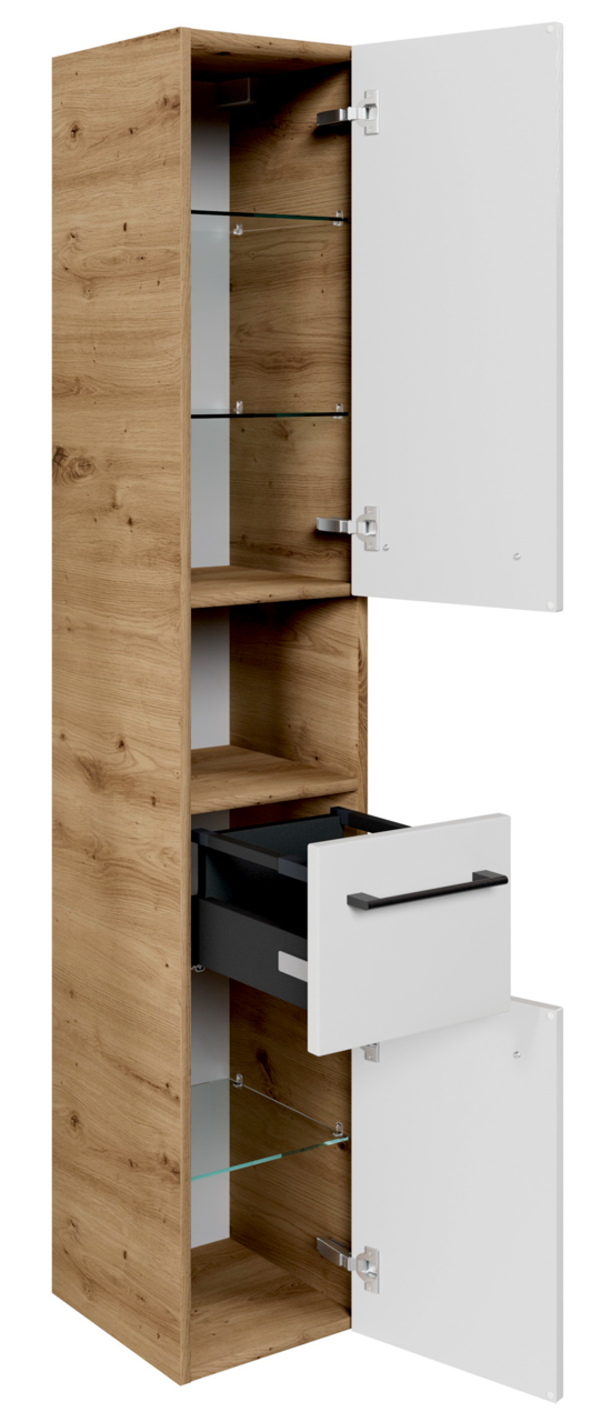 Hochschrank aus Holz mit zwei weißen Türen und einer Schublade, Perspektive von vorne rechts