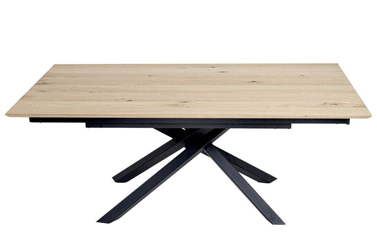 Moderner Esstisch mit heller Holzplatte und schwarzem Metallgestell, seitliche Perspektive