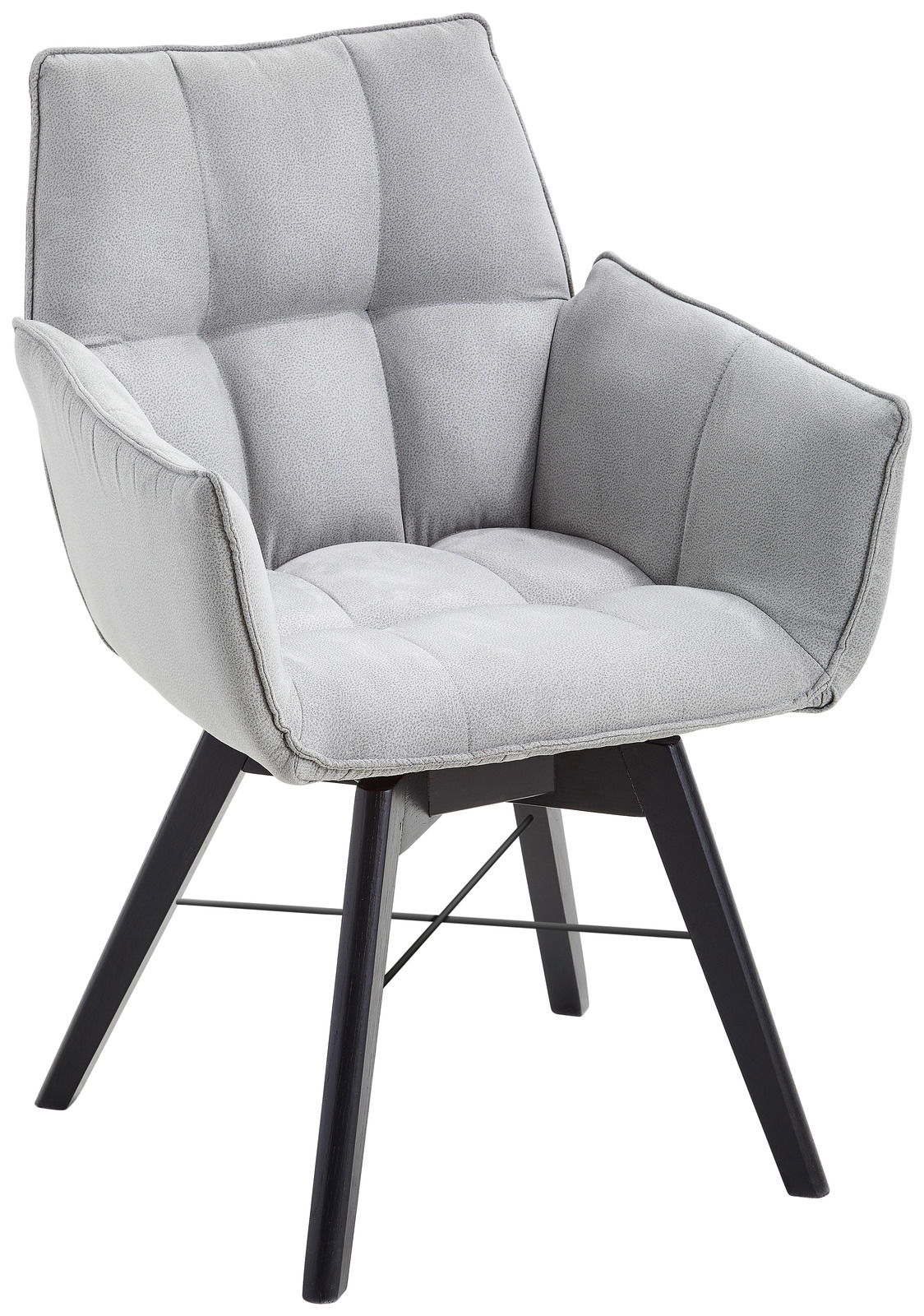 Grauer Armlehnenstuhl mit gepolstertem Sitz und Rückenlehne, seitliche Perspektive