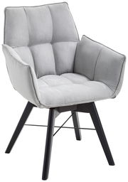 Grauer Armlehnenstuhl mit gepolstertem Sitz und Rückenlehne, seitliche Perspektive