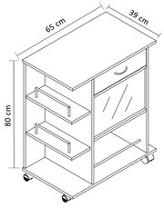 Mobile Küchenwagen/Servierwagen mit Rollen, Schublade, Ablageflächen und Flaschenregalen; Maße ca. 80 cm hoch, 65 cm lang, 39 cm tief; perspektivische Ansicht schräg von vorne oben.