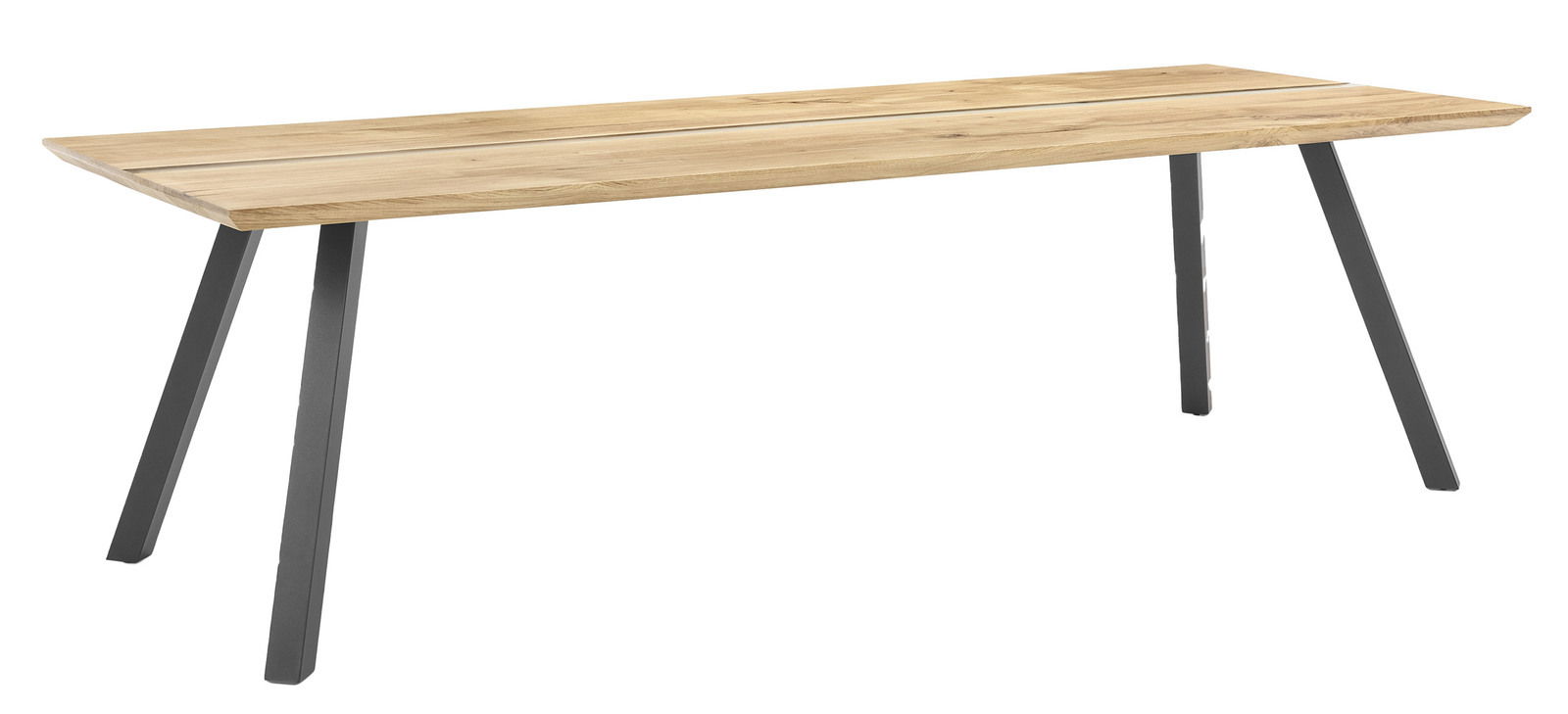 Moderner Esstisch aus Holz mit Metallbeinen, seitliche Perspektive