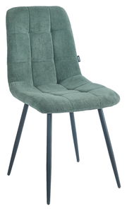 Grüner Stuhl mit gepolsterter Sitzfläche und Rückenlehne, aus Cordstoff, auf schwarzen Metallbeinen. Seitenansicht.