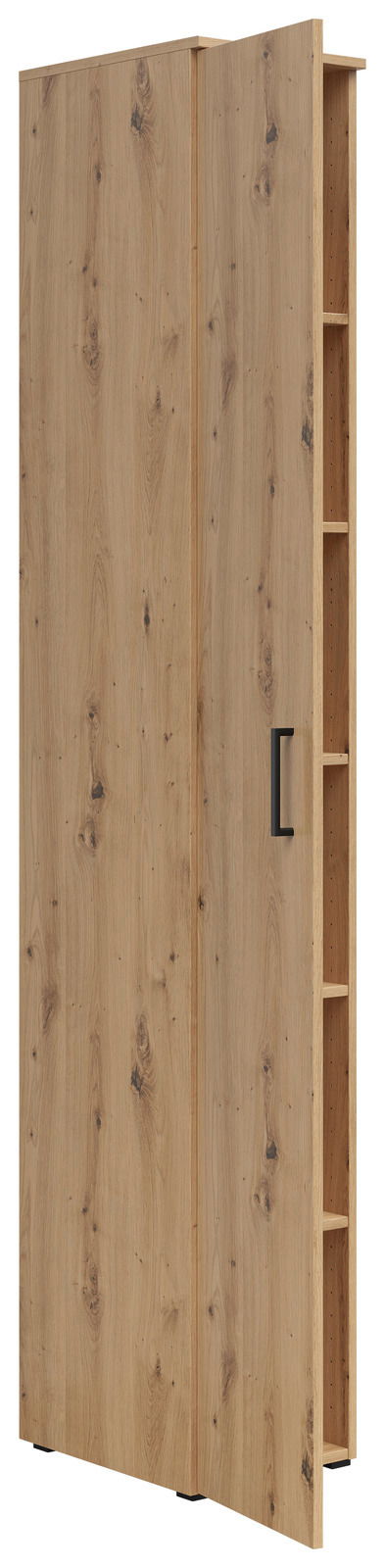 Mehrzweckschrank aus Holz mit seitlichen Regalfächern, perspektivische Ansicht von vorne links