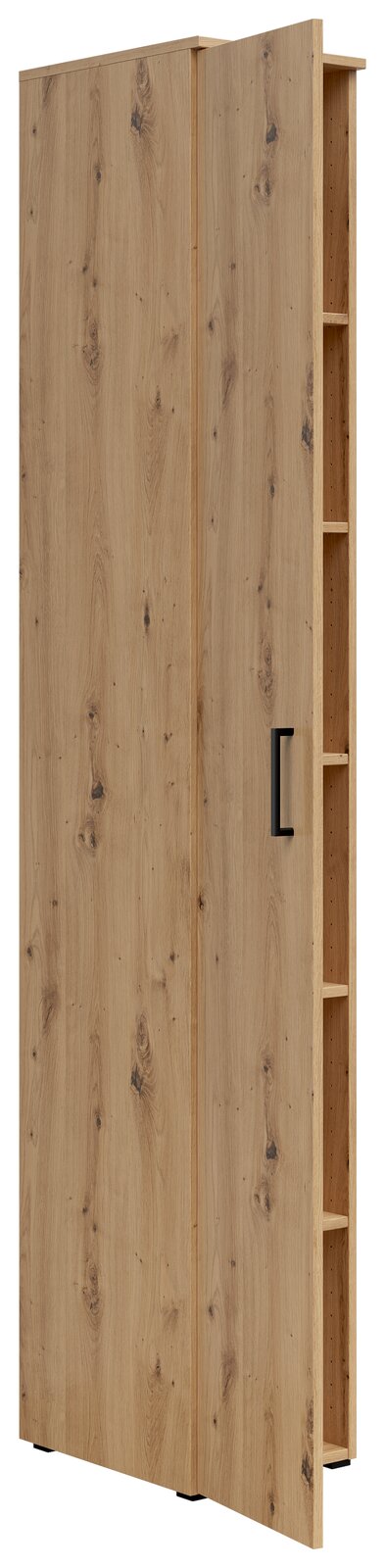 Mehrzweckschrank aus Holz mit seitlichen Regalfächern, perspektivische Ansicht von vorne links