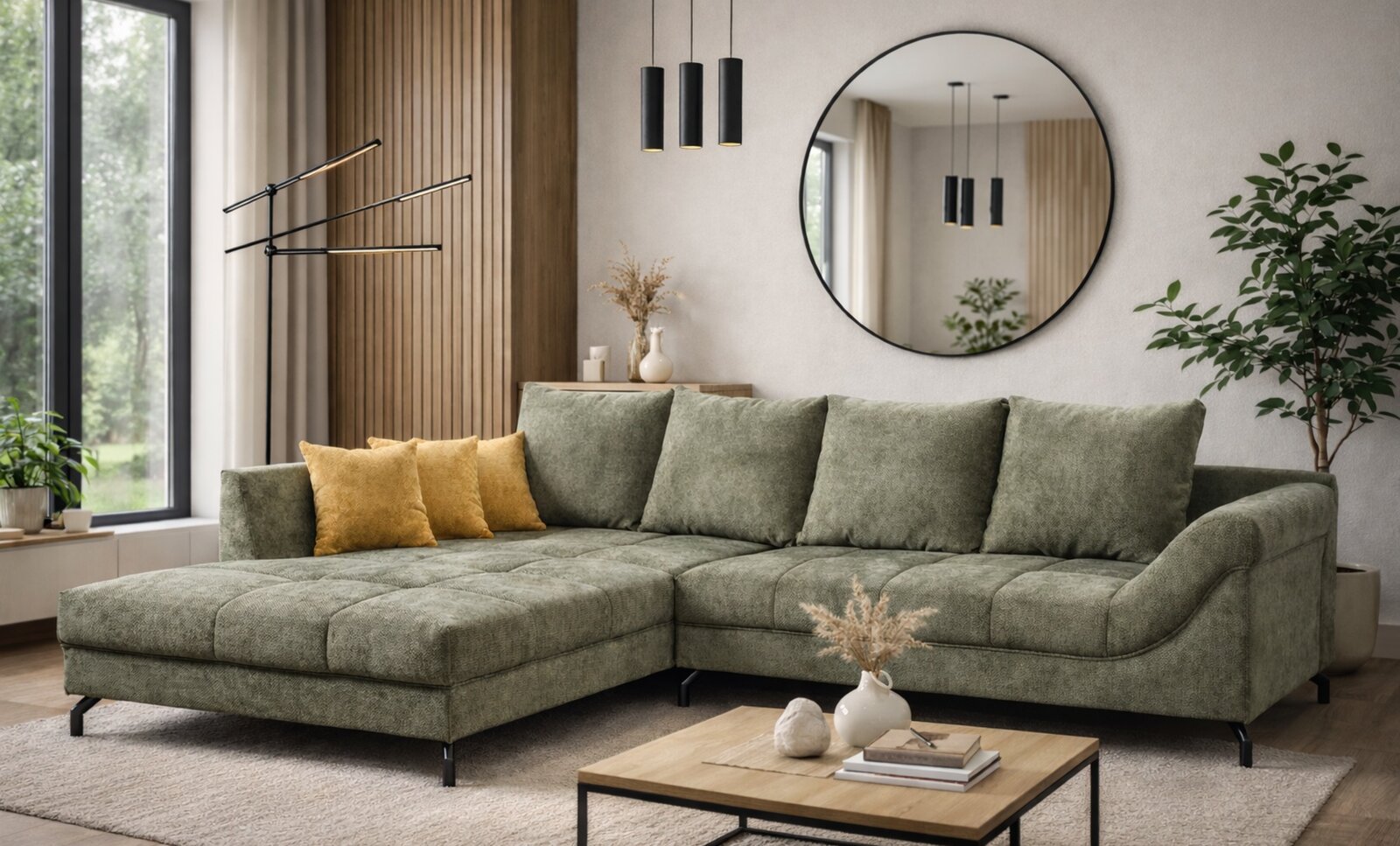 Modernes grünes L-förmiges Ecksofa mit Chaiselongue und Stepp-Polsterung im Wohnzimmer, mit gelben Kissen, Couchtisch und rundem Wandspiegel, perspektivisch in leichter Frontansicht von schräg links aufgenommen