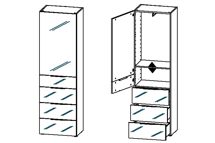 Stauraumschrank mit Schüben, 45 cm breit, in zwei Perspektiven: geschlossen und geöffnet mit sichtbaren Schubladen und Regalfach.
