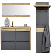 Modernes Flur-Set mit Schuhschrank in Anthrazit und Holzoptik, Wandspiegel sowie Garderobenpaneel mit Ablage und Haken, frontal/gerade von vorn dargestellt