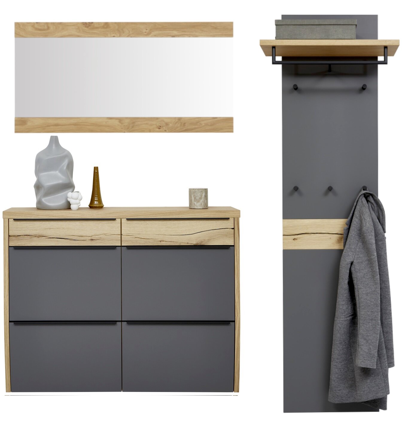 Modernes Flur-Set mit Schuhschrank in Anthrazit und Holzoptik, Wandspiegel sowie Garderobenpaneel mit Ablage und Haken, frontal/gerade von vorn dargestellt