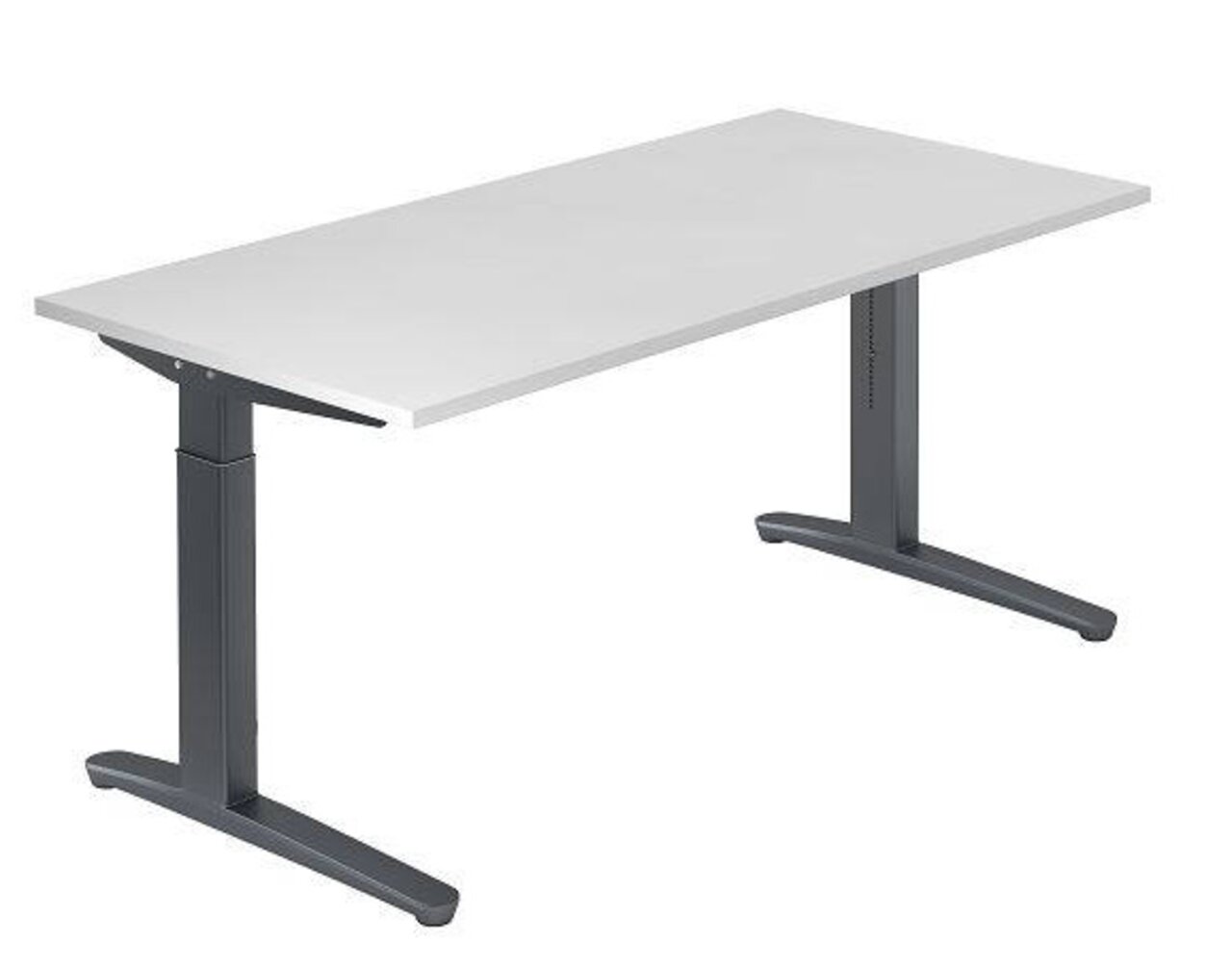 Moderner Schreibtisch mit weißer Tischplatte und grauem Metallgestell, seitliche Perspektive