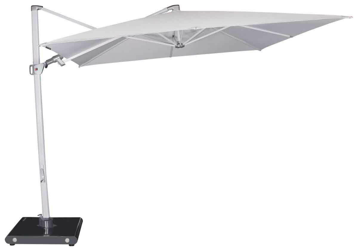 Moderner Pendelschirm in seitlicher Perspektive mit stabilem Standfuß und elegantem Design.