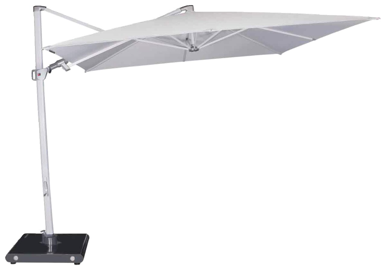 Moderner Pendelschirm in seitlicher Perspektive mit stabilem Standfuß und elegantem Design.