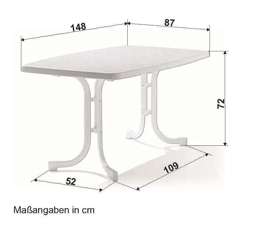 Rechteckiger weißer Gartentisch mit den Maßen 148 cm Länge, 87 cm Breite und 72 cm Höhe, seitliche Perspektive