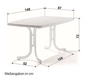 Rechteckiger weißer Gartentisch mit den Maßen 148 cm Länge, 87 cm Breite und 72 cm Höhe, seitliche Perspektive