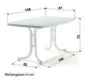 Rechteckiger weißer Gartentisch mit den Maßen 148 cm Länge, 87 cm Breite und 72 cm Höhe, seitliche Perspektive