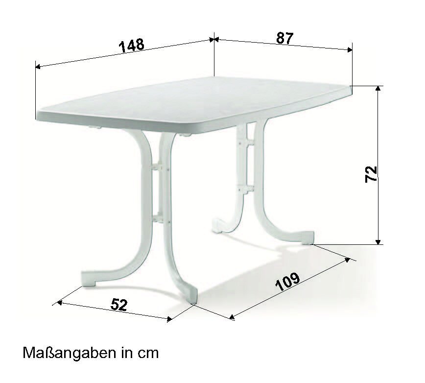Rechteckiger weißer Gartentisch mit den Maßen 148 cm Länge, 87 cm Breite und 72 cm Höhe, seitliche Perspektive