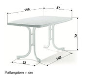 Rechteckiger weißer Gartentisch mit den Maßen 148 cm Länge, 87 cm Breite und 72 cm Höhe, seitliche Perspektive