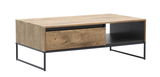 Moderner Couchtisch aus Holz mit schwarzem Metallgestell, seitliche Perspektive