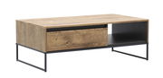 Moderner Couchtisch aus Holz mit schwarzem Metallgestell, seitliche Perspektive