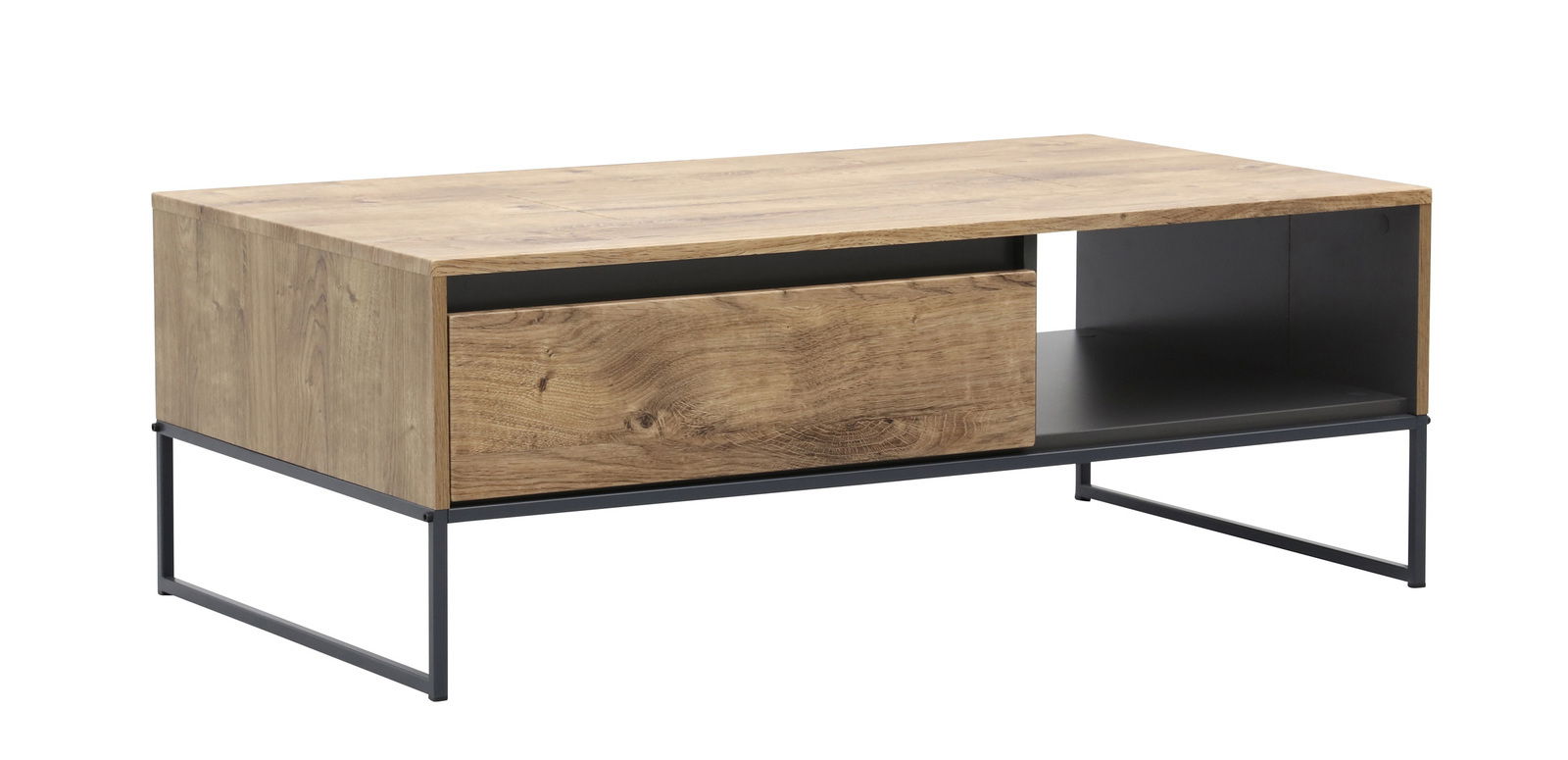 Moderner Couchtisch aus Holz mit schwarzem Metallgestell, seitliche Perspektive