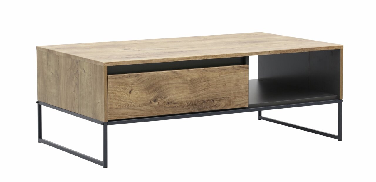 Moderner Couchtisch aus Holz mit schwarzem Metallgestell, seitliche Perspektive