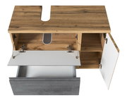 Waschbeckenunterschrank aus Holz mit geöffneter Schublade und Türen, Ansicht von oben