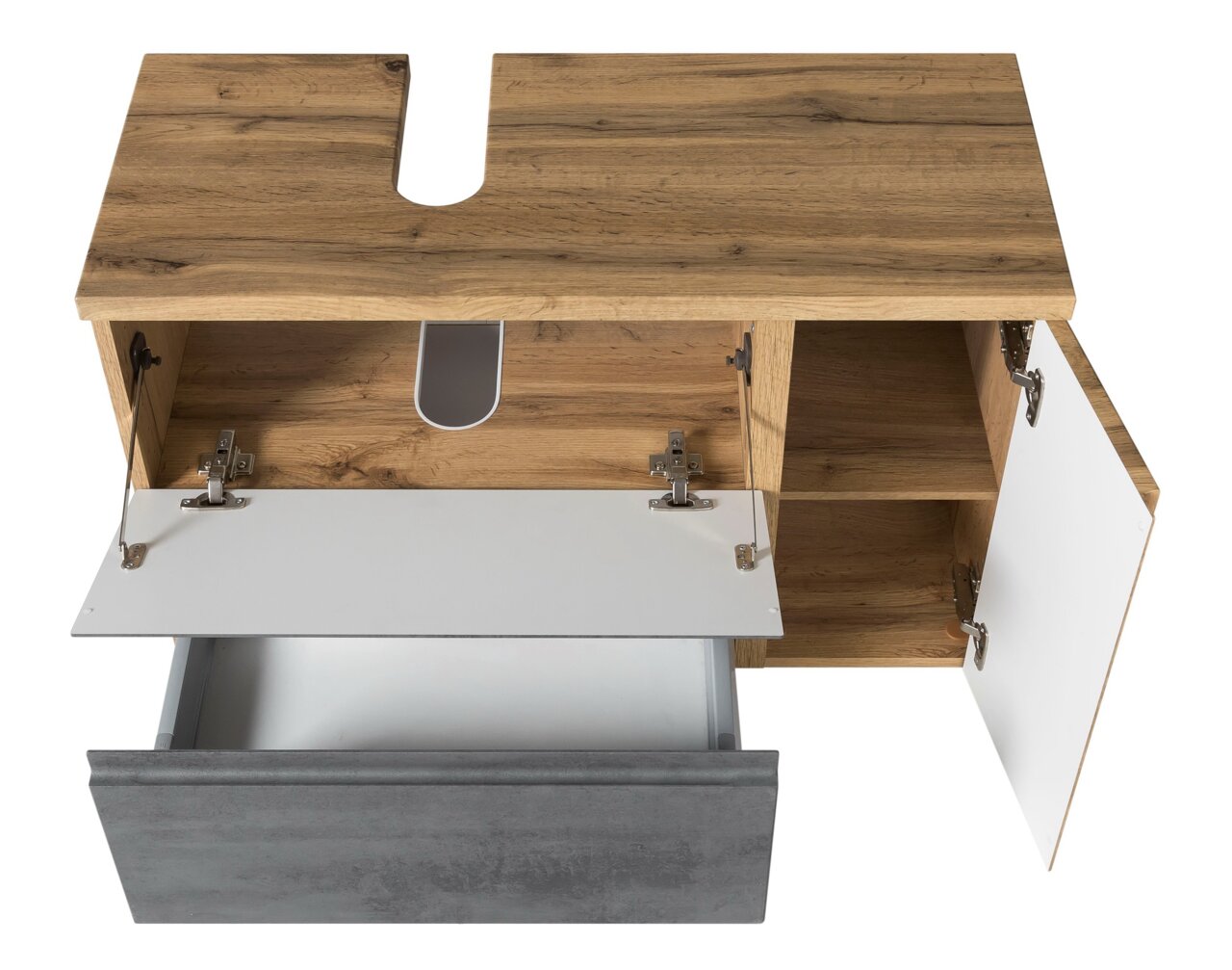 Waschbeckenunterschrank aus Holz mit geöffneter Schublade und Türen, Ansicht von oben