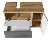 Waschbeckenunterschrank aus Holz mit geöffneter Schublade und Türen, Ansicht von oben