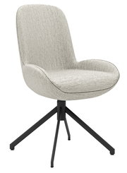 Moderner Stuhl mit hellgrauem Stoffbezug und schwarzem Metallgestell, seitliche Perspektive