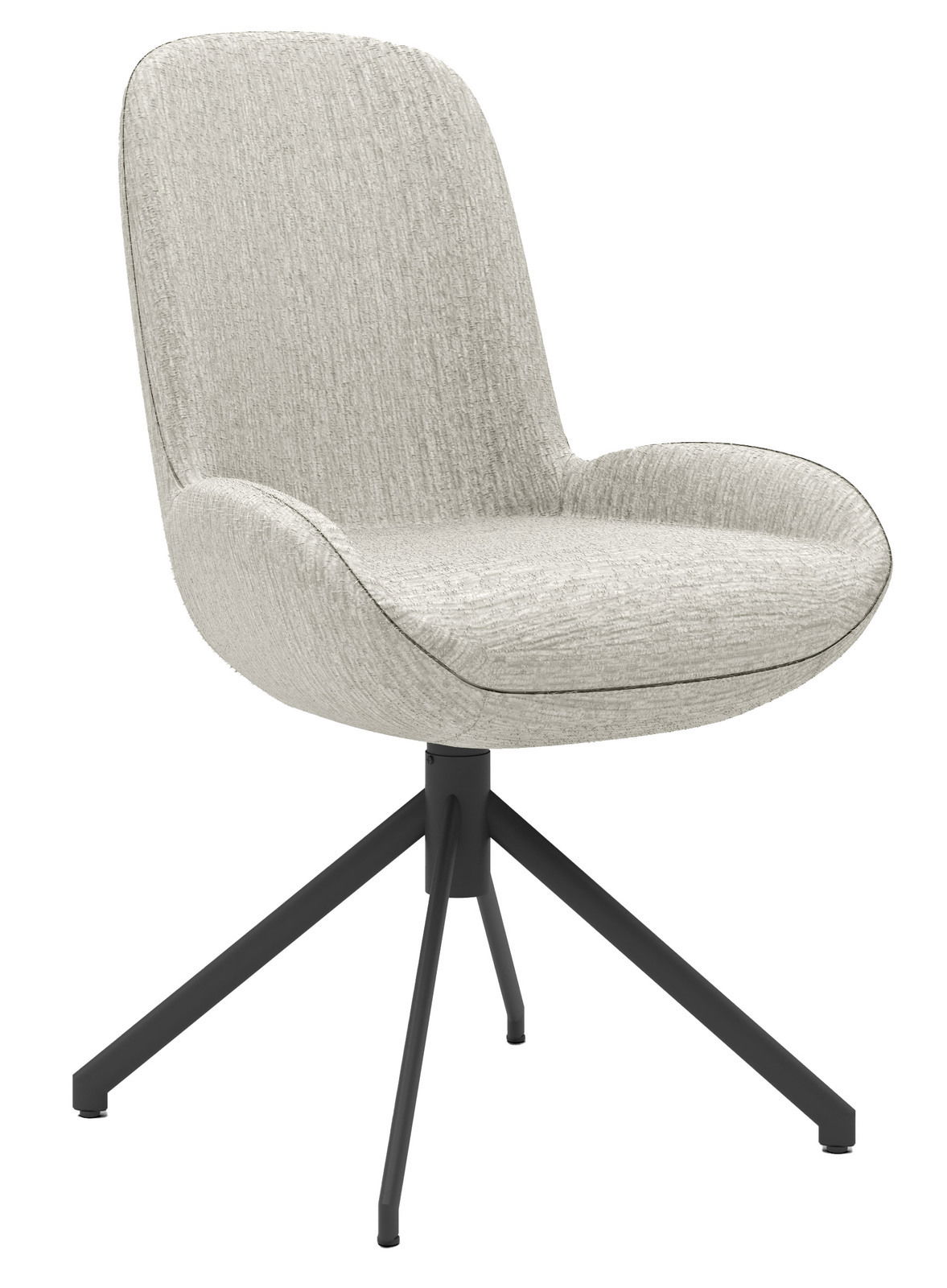 Moderner Stuhl mit hellgrauem Stoffbezug und schwarzem Metallgestell, seitliche Perspektive