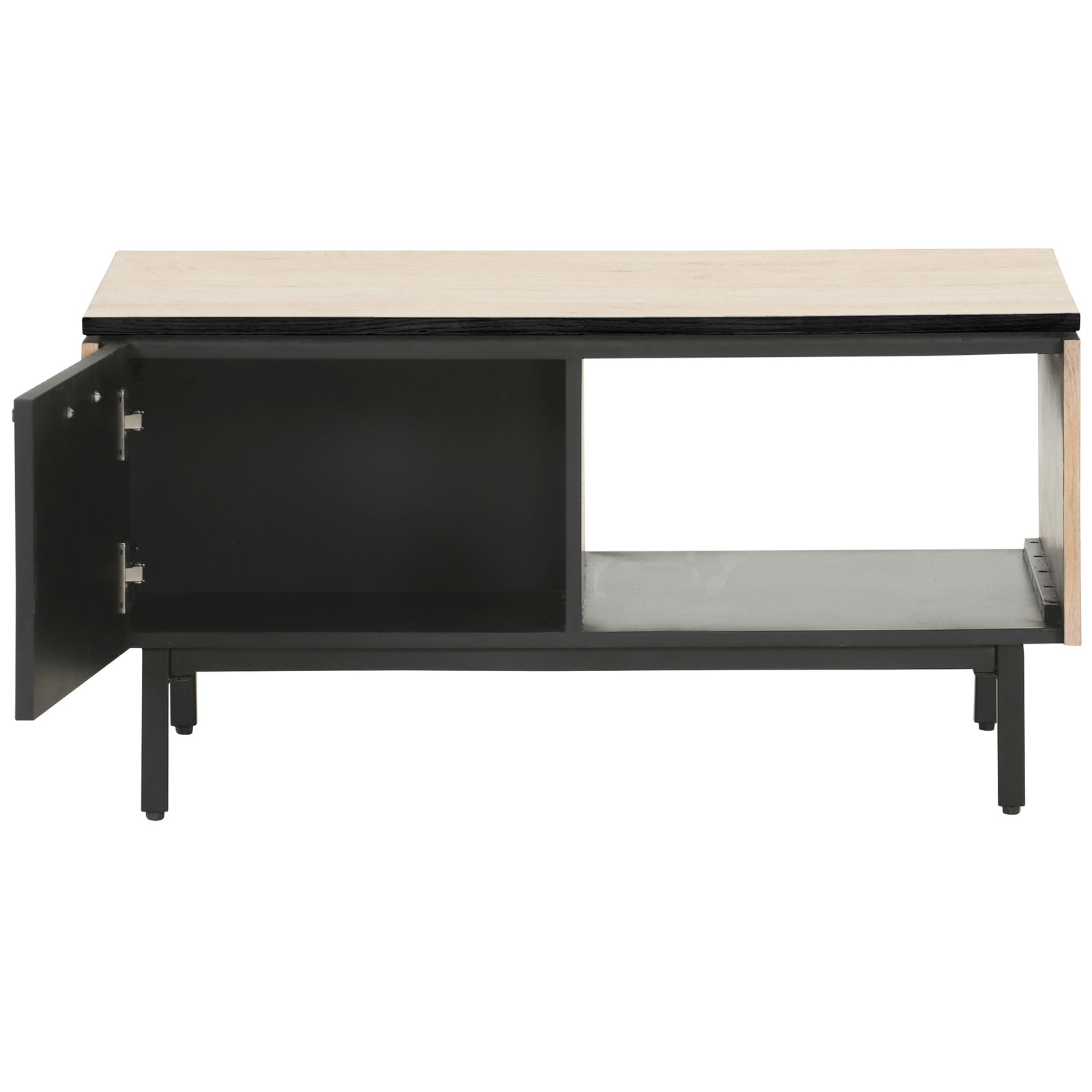 Moderner Couchtisch mit offenem Fach und einer Tür, frontal betrachtet.