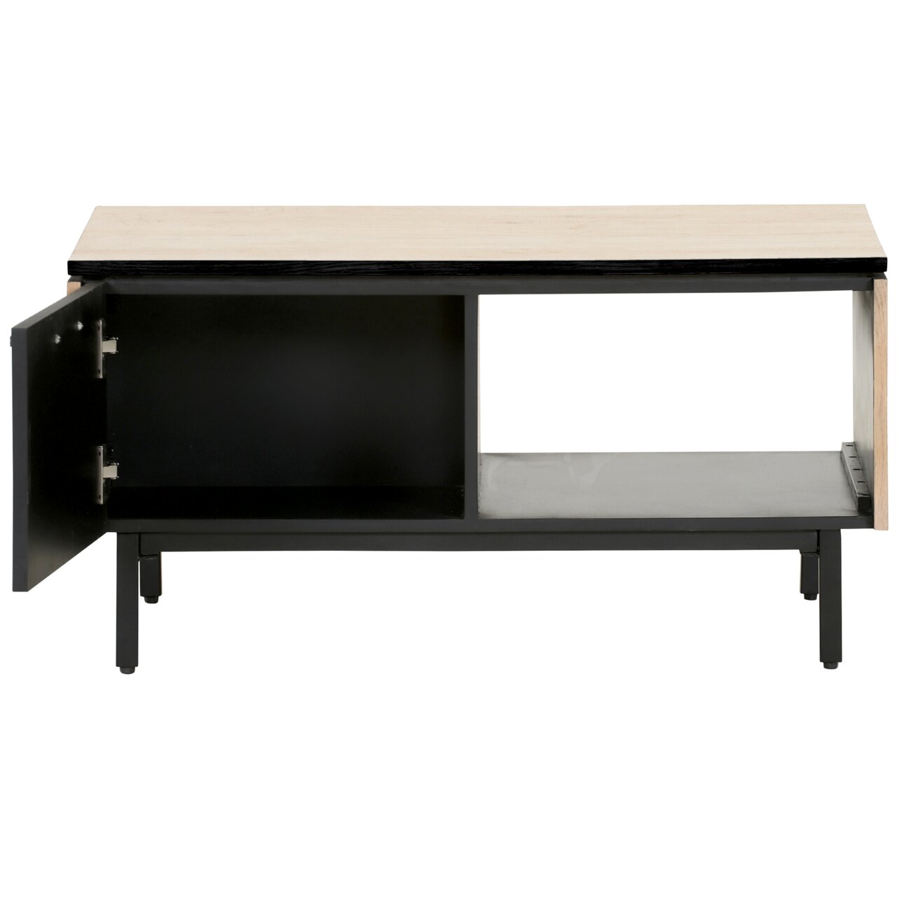 Moderne salontafel met een open vak en een deurtje, gezien vanaf de voorkant.