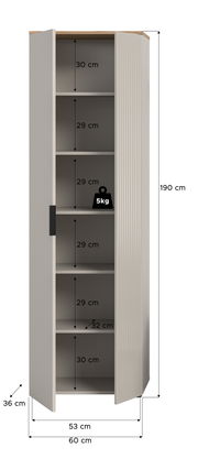 Garderobenschrank mit fünf Fächern, 190 cm hoch, 60 cm breit, 36 cm tief, mit geöffneter Tür von vorne betrachtet.
