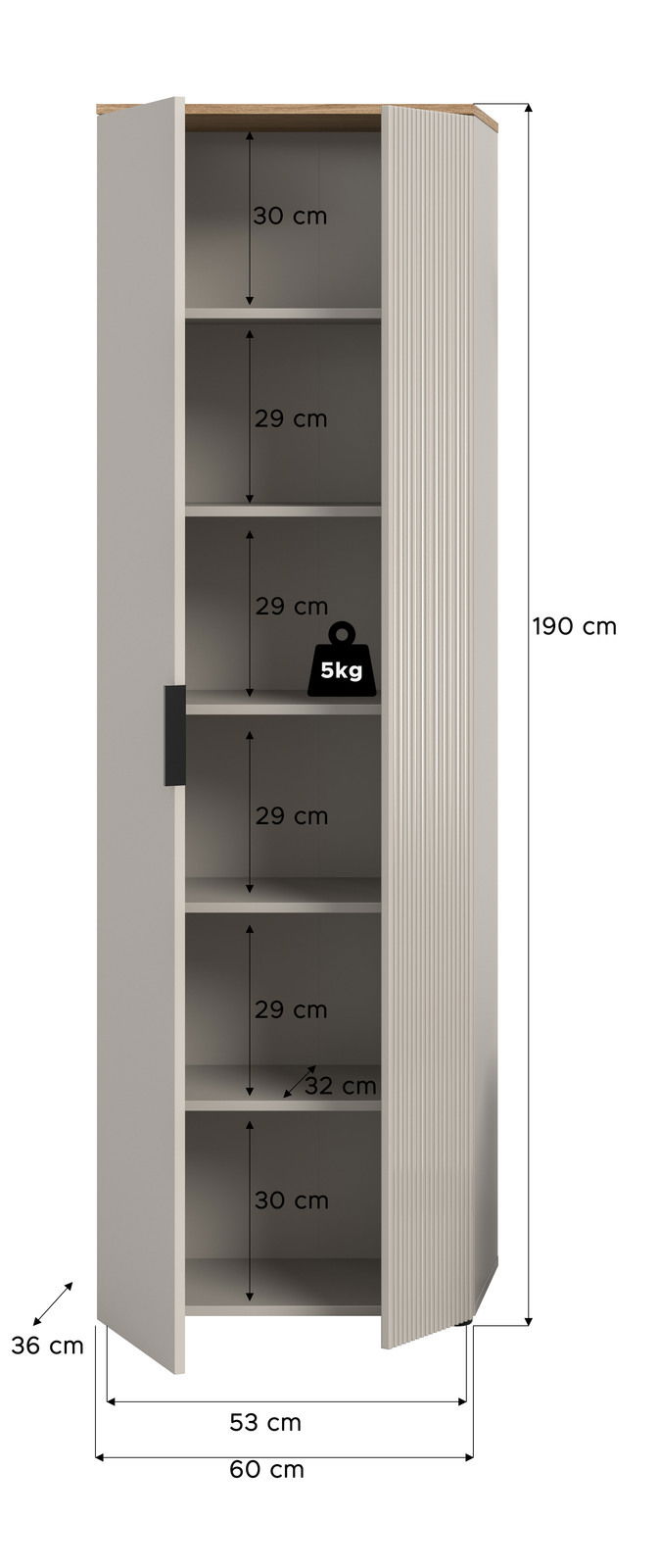 Garderobenschrank mit fünf Fächern, 190 cm hoch, 60 cm breit, 36 cm tief, mit geöffneter Tür von vorne betrachtet.
