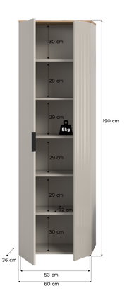 Garderobenschrank mit fünf Fächern, 190 cm hoch, 60 cm breit, 36 cm tief, mit geöffneter Tür von vorne betrachtet.