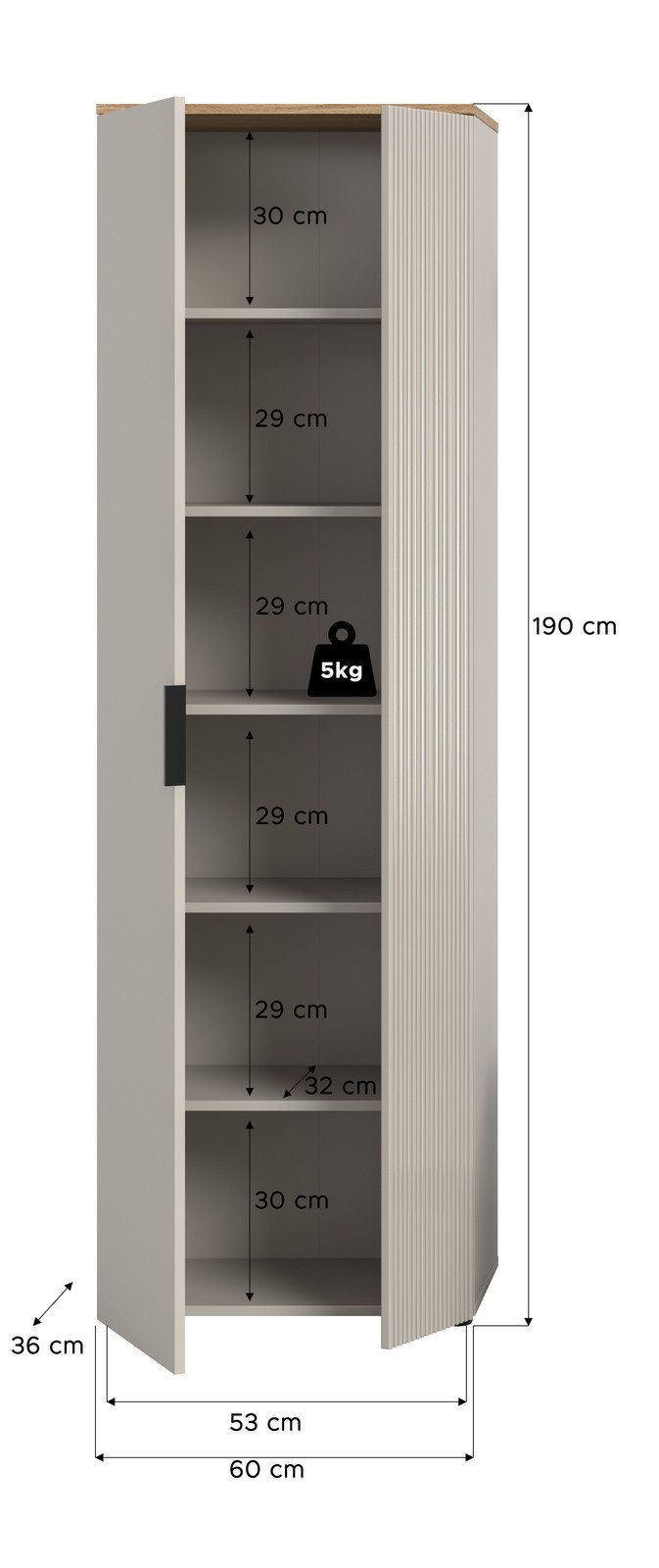 Garderobenschrank mit fünf Fächern, 190 cm hoch, 60 cm breit, 36 cm tief, mit geöffneter Tür von vorne betrachtet.